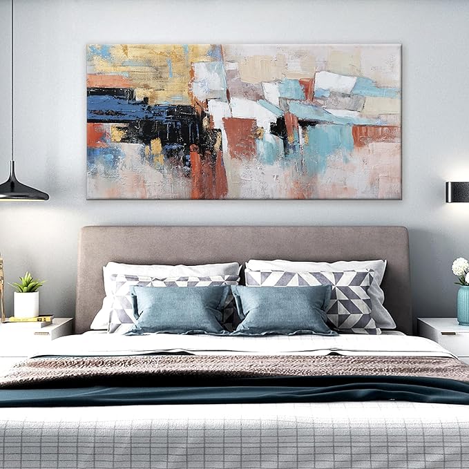 KUPTEU Canvas Wall Art Decor Large Wall Art For Living Room Abstract Art Blue Canvas Art Work Gold Wall Art Decor Colorful Abstract Wall Art Prints For Bedroom Office Kitchen Wall Decor 24" x 48"