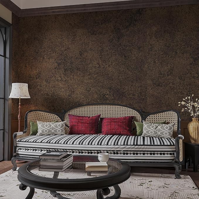 48x197inch Extra Wide Dark Brown Concrete Wallpaper Vintage Metal Industrial Style Wall Sticker Air Guide Slot Design Matte Thick Self-Adhesive Waterproof Cement Contact Paper Antique Bronze Gold