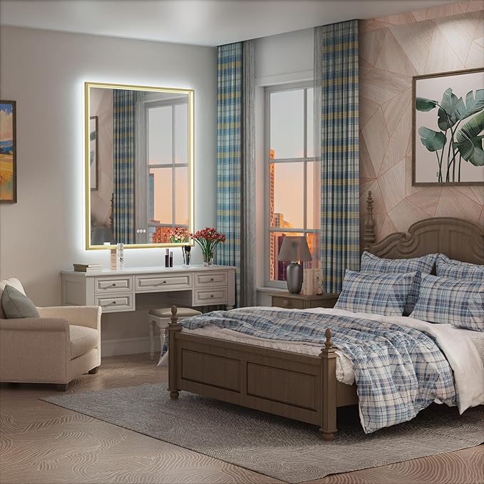 28x36 Inch Gold LED Bathroom Mirror with Front and Back Lights, Adjustable 3000K/4500K/6000K, Wall Mounted Lighted Bathroom Vanity Mirror, Dimmable, Anti-Fog, Horizontal/Vertical