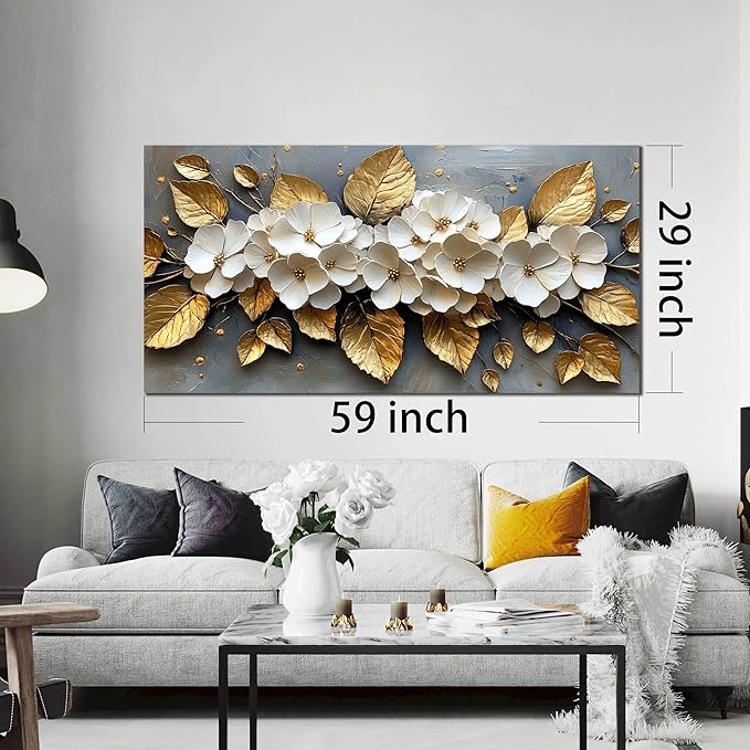 CANEITO Flower Wall Art for Living Room, White Plum Blossom and Golden Leaves Wall-Decor for Bedroom, Natural Canvas Prints Pictures for Hallway Office, Large Size 59x29 Inches
