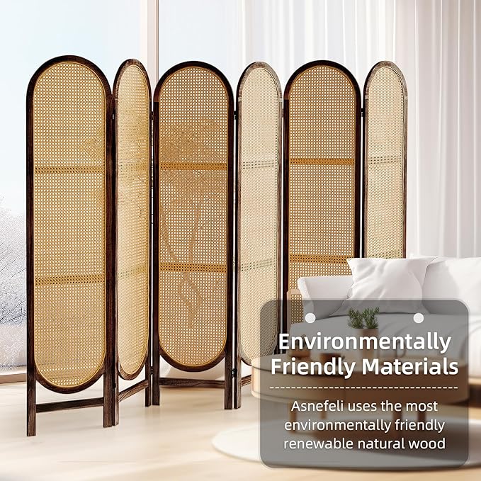 5.6 Ft Room Divider 6 Panel, Folding Privacy Screen, Rattan Room Divider, Foldable Wood Divider Panel, Portable Partition Screen, Wall Divider for Room Separation Home Office Garden-Brown