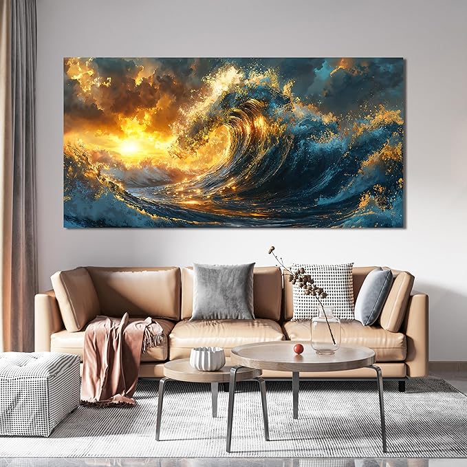 Canvas Wall Art Decor Gold Modern Abstract Aesthetics Wall Art Decor Large Sunshine Wave Canvas Wall Art For Living Room Decorations Canvas Prints Artwork For Bedroom Office Wall Decor 24 X 48 Inch