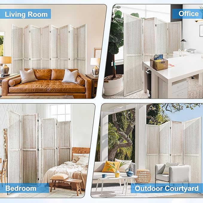 2 PCS Room Dividers 8 Panel Pegboard Display 5.6FT Wood PegBoard Room Divider,Folding Privacy Screens Portable Freestanding Partition Wall Divider for Art Shows & Room Separation, Natural Wood