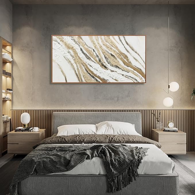 Abstract Wall Art Wall Decor Abstract Painting With Golden And White Lines Modern Canvas Art Abstract Artwork Framed Pictures For Living Room Bedroom Bathroom Office Home Decor Can Be Hung Directly 20"X 40"