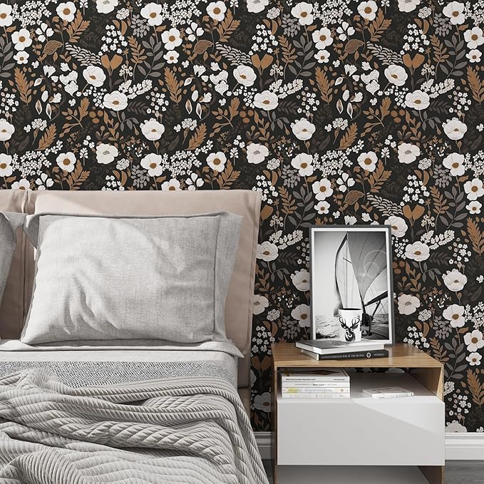 Brown Floral Peel and Stick Wallpaper Leaf Vintage Contact Paper Boho Flower Wall Paper Removable Wallpaper Self Adhesive for Cabinet Drawers Wall Decor 17.5''x393''