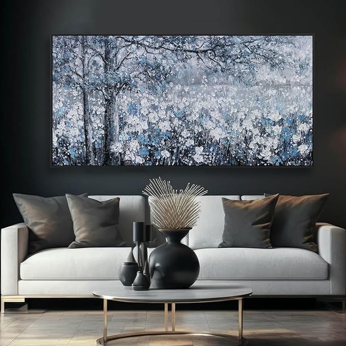 Canvas Wall Art Frame for Modern Living Room 29x58 Inches - Large Elegant Blue and White Tree Flower Landscape Picture Artwork for Bedroom, Dining Room, Home Office Decor