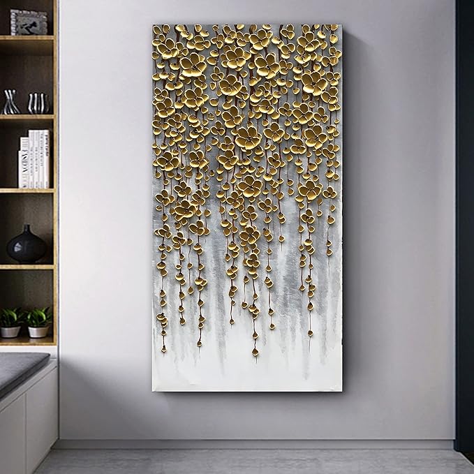 3D Vertical Abstract Canvas Oil Painting Wall Art, 116x57cm Golden Flower Painting Wall Art, Home Living Room Wall Decoration Abstract Painting Art