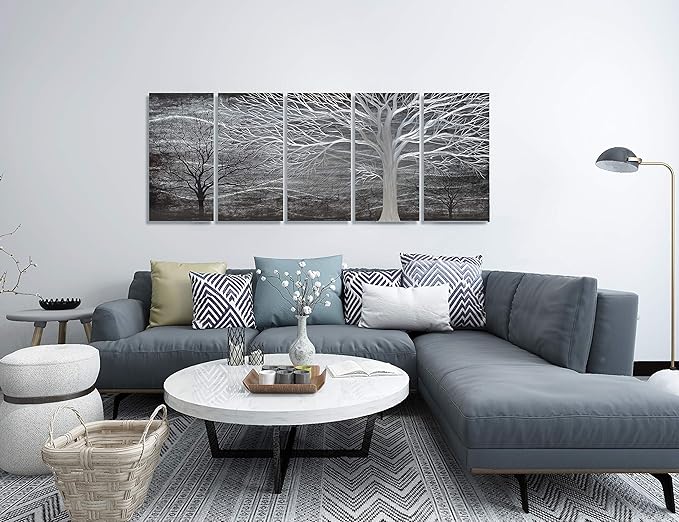 BATRENDY ARTS Extra Large 3D Silver Tree Metal Art Handmade Black Design Wall Decor Modern Home Accent Artwork for Living Room Decorations
