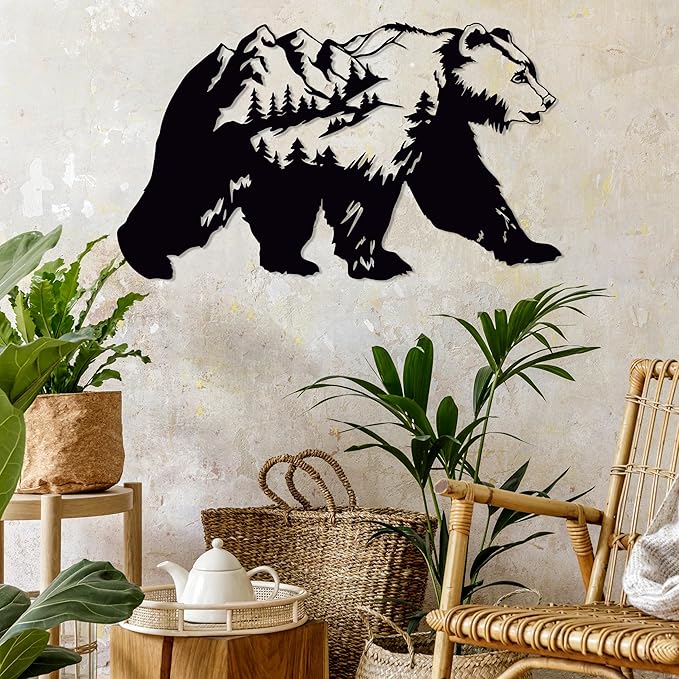 Bear Pine Tree and Mountain Metal Wall Art, Huge Nature Theme Wall Hanging, Wilderness Wall Decor, Forest Decor for House Living Room Bedroom, Natural Scenery Wall Sign, Lodge Decor, Bear Lovers Gift