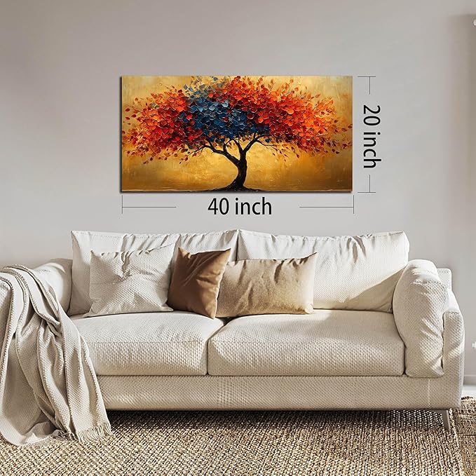 CANEITO Tree Wall Art for Living Room, Red Blue and Gold Wall-Decor for Bedroom, Natural Canvas Prints Pictures for Hallway Office, Size 40x20 Inches