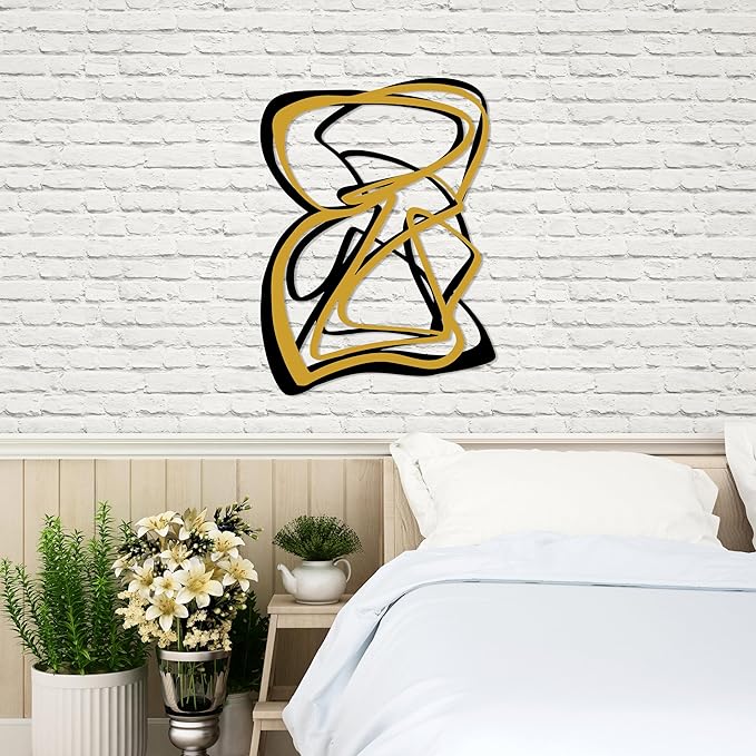 Black with Gold Abstract Metal Wall Art, Geometric Abstract Metal Wall Decor, Black and Gold Wall Decor, Modern Line Art Sculpture for Living Room,Luxury Wall Sign