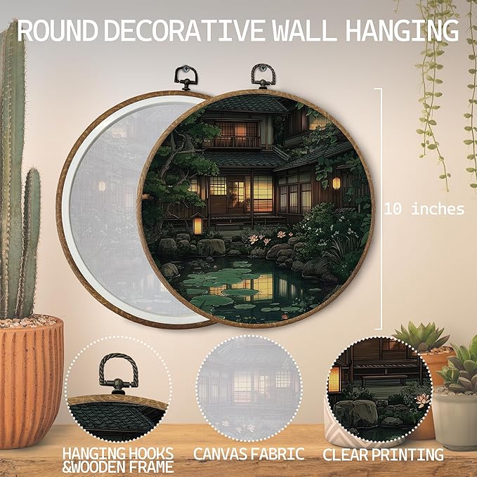 KTYHD Japanese Japandi Wall Art Decor, Traditional Japanese Garden Round Canvas Wall Art, Oriental Landscape Aesthetic Pond Scenery Walls Decor for Living Room Bedroom, Japandi Home Decor