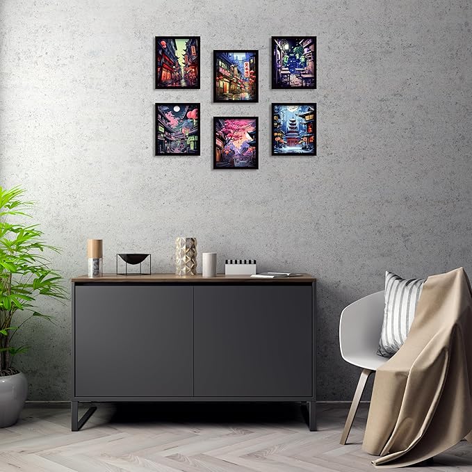Luodroduo Japanese Wall Art Set of 6 Japan Rural Architecture Abstract Scenery Illustration Wall Decor Countryside Streets Canvas Art Poster for Living Room Bedroom Wall Art (A, 8"x10" UNFRAMED)