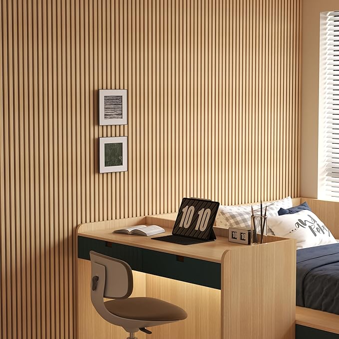 Modern 94” L x 11.25” W Acoustic Slat Wall Panels with End Cap – Wood Sound-Dampening Wall Treatment for Home, Office & Studio – 2-Piece Decorative Noise-Reducing Wall Panel Set (Oak)