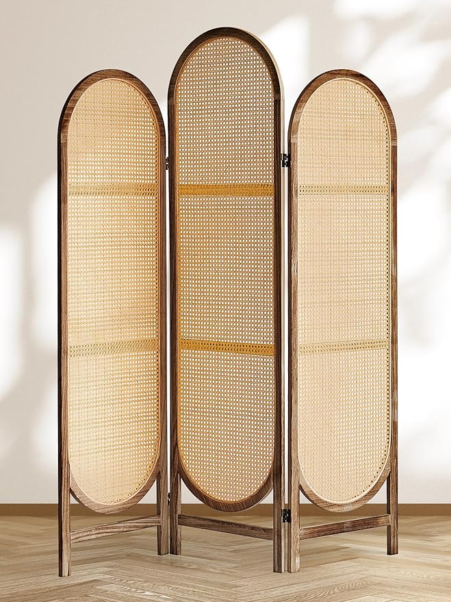 3 Panel Hand-Woven Rattan Room Dividers and Folding Privacy Screens with Bi-Directional Hinge, Pre-Assembled Partition Room Dividers for Home Office Bedroom, Dark Brown