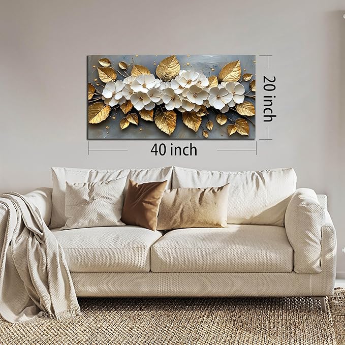 CANEITO Flower Wall Art for Living Room, White Plum Blossom and Golden Leaves Wall-Decor for Bedroom, Natural Canvas Prints Pictures for Hallway Office, Size 40x20 Inches