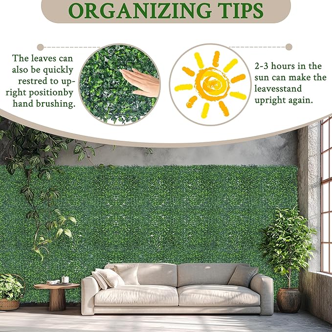 Artificial Boxwood Grass Wall Backdrop: 24 X 16 in 24P (64 sqft) UV-Anti Faux Plants Vine Privacy Fence Screen for Indoor & Outdoor Green Wall Decor and lvy Wall Privacy Coverage.