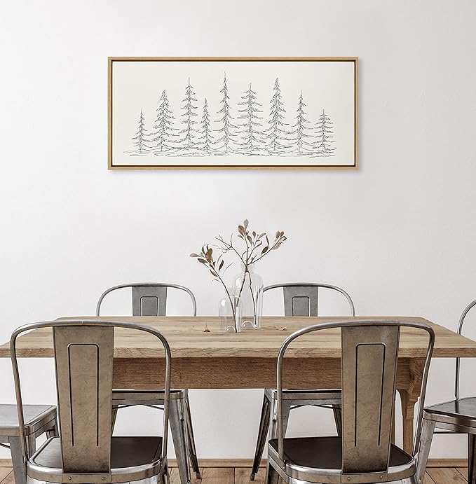 Kate and Laurel Sylvie Minimalist Evergreen Trees Sketch Framed Linen Textured Canvas Wall Art by The Creative Bunch Studio, 18x40 Natural, Decorative Panel Art