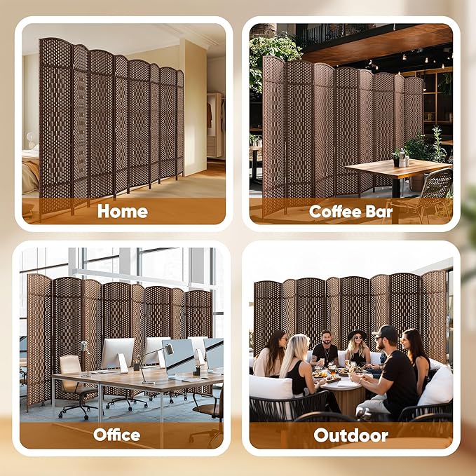 JOSTYLE 6ft. Tall Extra Wide Folding Privacy Screens with Diamond Double-Weave and Freestanding Room Dividers (Brown, 8-Panel)