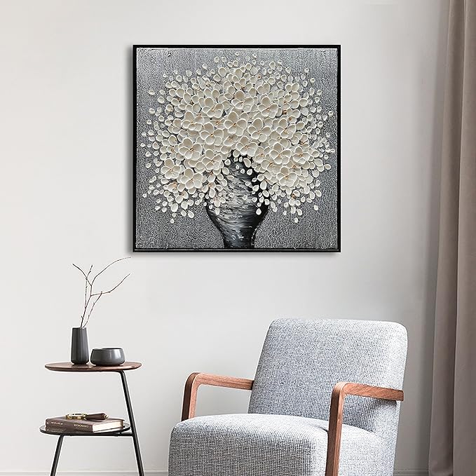 24x24 Inch 100% Hand-Painted White Flowers 3D Abstract Decorative Oil Painting, Hall Wall Decorative Frame Wall Art Ready to Hang