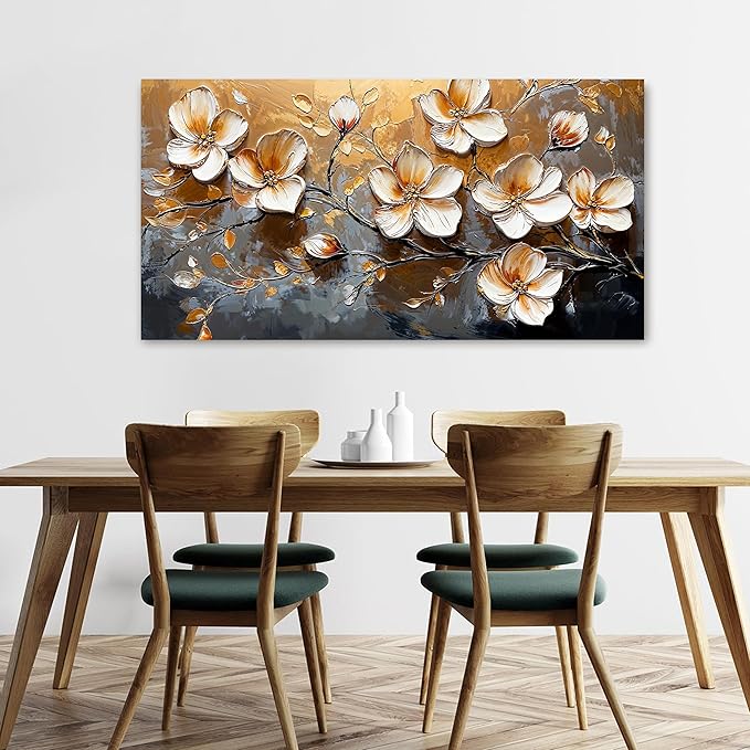 Canvas Wall Art Decor Modern Wall Art Pictures for Living Room Canvas Art Wall Decor Large Artwork for Walls Gold Floral Wall Art Decor White Wall Art Prints for Bedroom Office Wall Decor 24" X 48"