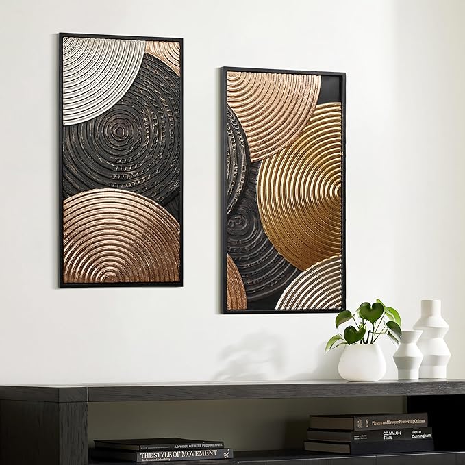 LuxenHome Set of 2 Wall Art, Modern Earth Tone Circles Abstract Rectangular Metal Wall Decor Set Luxury Handmade Wall Art Dector with Frame for Living Room, Home, Office Decorative