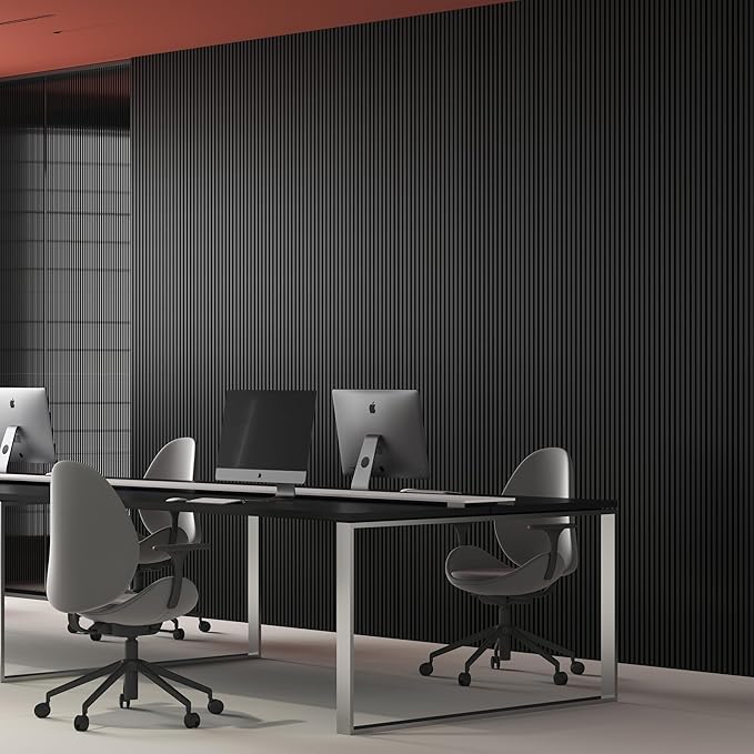 Modern 94” L x 11.25” W Acoustic Slat Wall Panels with End Cap – Wood Sound-Dampening Wall Treatment for Home, Office & Studio – 2-Piece Decorative Noise-Reducing Wall Panel Set (Black)