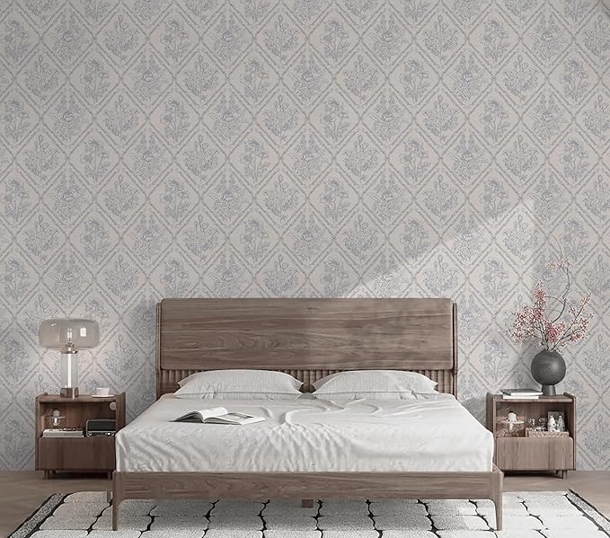 Kitico Peel and Stick Wallpaper Vintage Boho Wallpaper Blue and Beige Contact Paper Floral Removable Waterproof Wall Paper for Bathroom/Bedroom Self Adhesive for Cabinets Vinyl 17.3''x393.7''