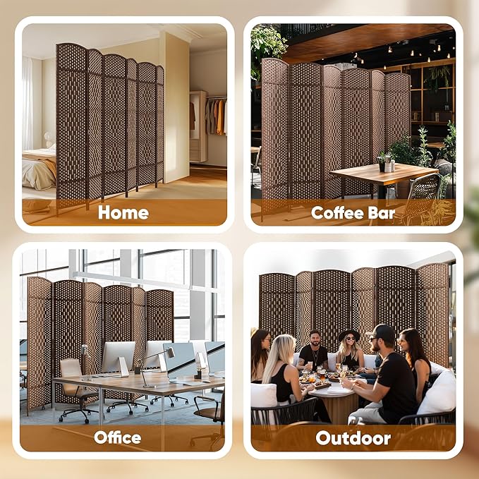 JOSTYLE Room Divider 6ft. Tall Extra Wide Privacy Screen, Folding Privacy Screens with Diamond Double-Weave Room dividers and Freestanding Room Dividers Privacy Screens(Brown, 6-Panel)