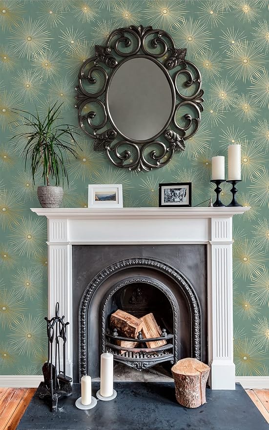 NextWall Star Burst Geo Mid Century Peel and Stick Wallpaper (Teal & Metallic Gold)