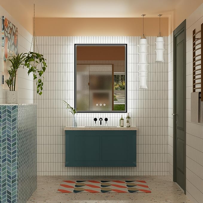 24x32 Inch LED Bathroom Mirror with Front & Back Lights, Adjustable 3000K/4500K/6000K, Wall Mounted Black Lighted Bathroom Vanity Mirrors, Dimmable, Memory, Anti-Fog, Horizontal/Vertical