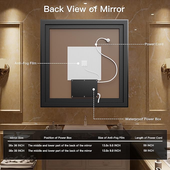 36x36 LED Vanity Mirror for Bathroom - Square Framed Dimmable Illuminated Mirror with Backlit and Front Light, Anti-Fog, Shatterproof, Memory, 3 Colors (Horizontal/Vertical)