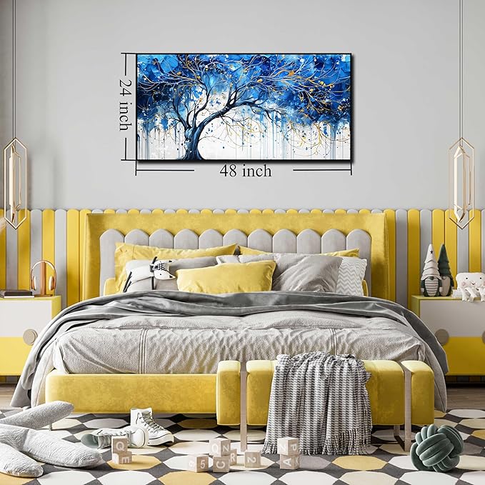 Blue Tree Wall Art Bedroom - Modern Canvas Art Wall Decor for Living Room - Framed Wall Art Size 24" x 48"