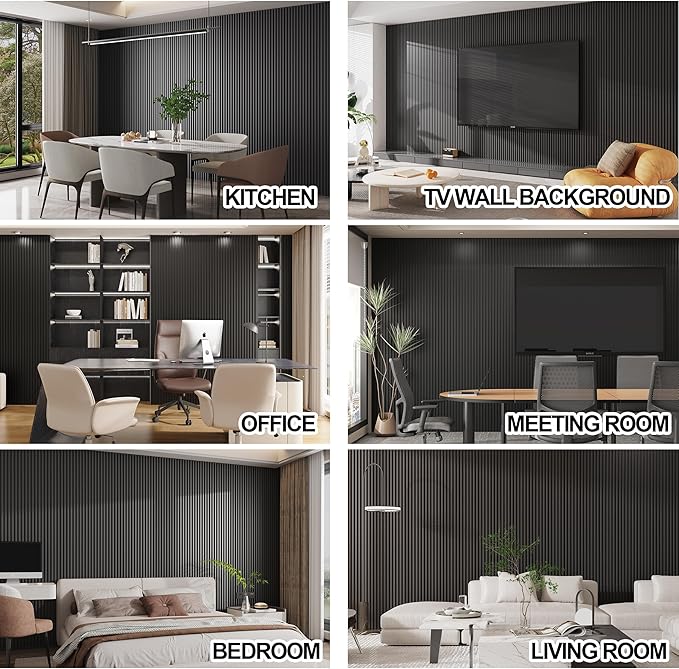 8-Pack WPC Slat Wall Panels - 3D Wall Panels, Water-Proof and Easy Installation, Accent Slat Wall Paneling for Living Room, Office,Black, 96 x 6.6 Inch