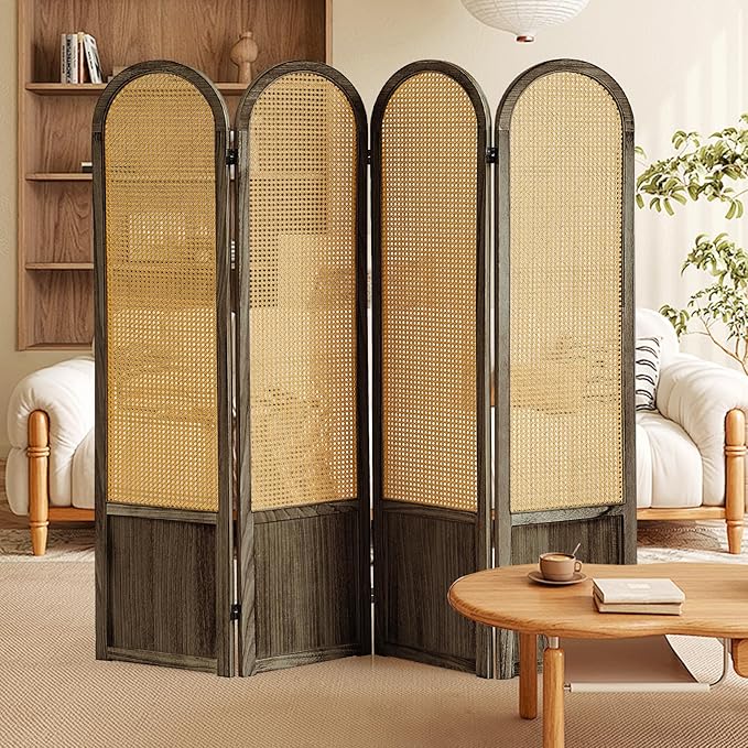 4 Panel Room Divider Wall, Folding Privacy Screen, Foldable Wood Divider Room Dec, Rattan Room Divider, Portable Partition Screen, Wall Divider for Room Separation Home Office (Brown)