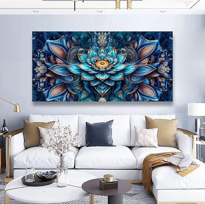 Blue Abstract Wall Art Bedroom Wall Decor Living Room,Lotus Flower Pattern of Design Canvas Wall Art Office Farmhouse Paintings Artwork Modern Golden Teal Boho Wall Art Prints Pictures 20 * 40inch