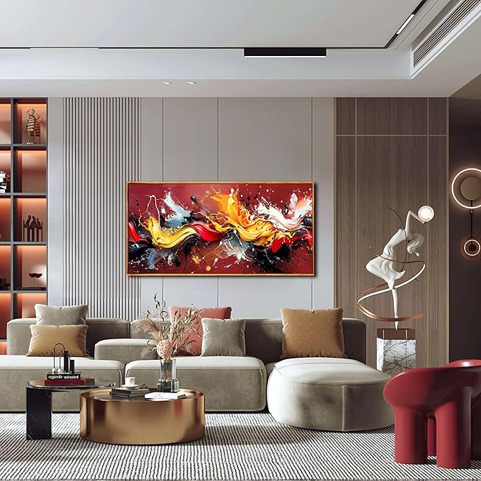 Ouzzlie Red Wall Art Gold Wall Decor Colorful Pictures Azure Blue Abstract Wall Art Decor 24"x 48" in Wall Paintings for Living Room