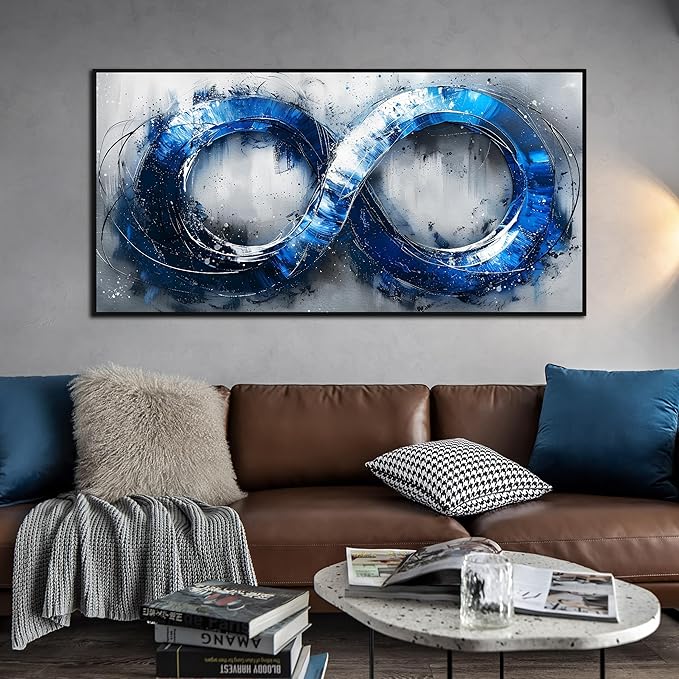 Ouzzlie Blue Picture Wall Decor for Living Room Office Abstract Canvas Wall Art Large Circle Modern Artwork Grey and White Art 29" x 59"