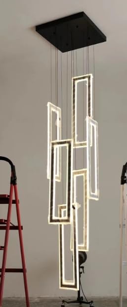 Modern Chandeliers, Black Chandelier with 6 Ring Led Foyer Chandeliers,Larger High Ceiling Chandelier for Living Room,Square Chandeliers for Entryway Staircase LED Dimming 2700k-6000k