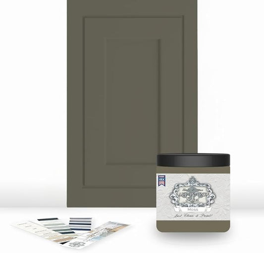 ALL-IN-ONE Paint, Durable cabinet and furniture paint. Built in primer and top coat, no sanding needed. Includes our 30 featured color card - Moss, 8oz Sample