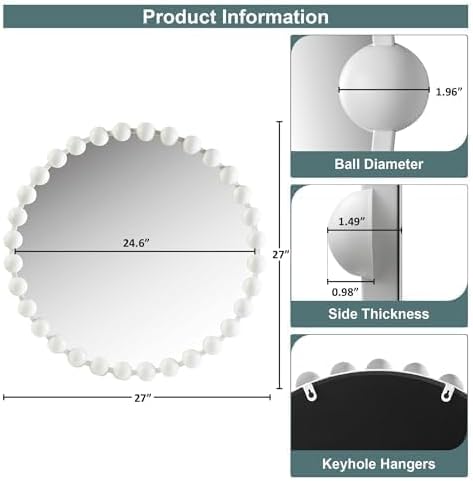 Madison Park Round Mirror, Metal Frame Circle Mirror 27 inch, Wall Art Decor Mounted Hanging for Entryway, Bathroom, Hallway, Living Room, Vanity, Marlowe, White