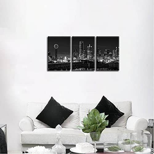 NAN Wind 3 Pcs Black & White Canvas Art - Dallas Skyline Downtown Cityscape Night Scene Picture Prints On Canvas for Home Decor
