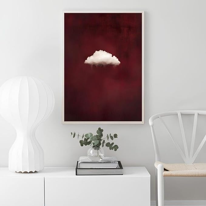 Nationcog Minimalist Cloud Wall Art Print on Burgundy Background, Modern Surreal Cloud Poster, Abstract Sky Artwork, Contemporary Red Aesthetic Decor for Bedroom or Living Room (Unframed) (16x24)