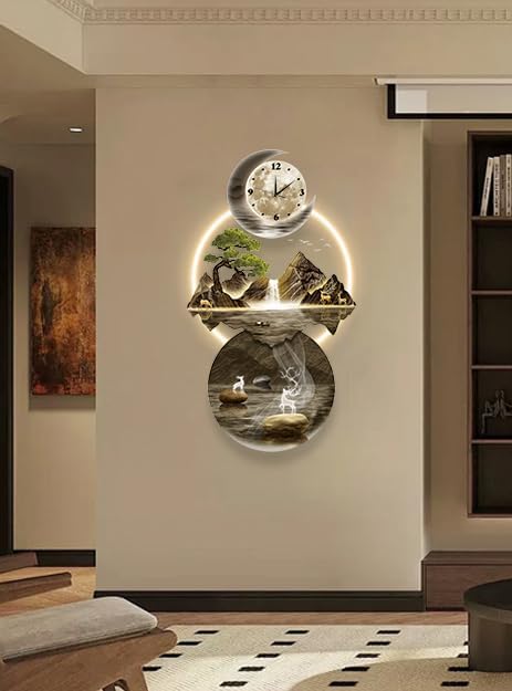 LED Light Art Wall Decor, 3D Art Wall Decor Clock, Decor Wall Sculptures with Lights, Modern Home Decor Landscape Wall Sculpture, Plug-in Power Supply, Gold B, 19x39IN
