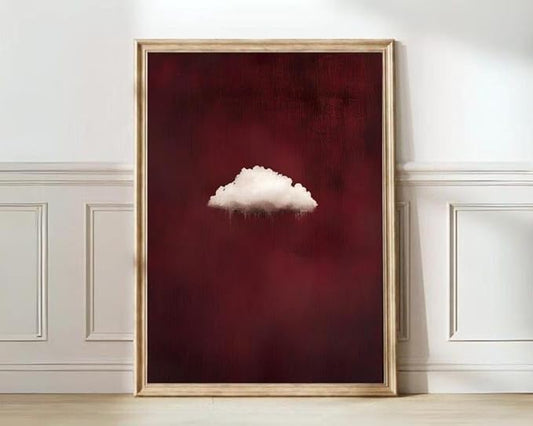 Nationcog Minimalist Cloud Wall Art Print on Burgundy Background, Modern Surreal Cloud Poster, Abstract Sky Artwork, Contemporary Red Aesthetic Decor for Bedroom or Living Room (Unframed) (16x24)