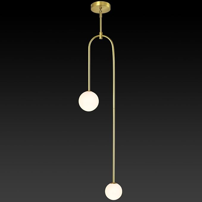 Modern Milk Glass Pendant Light 2 Light Mid Century Chandelier Small Glass Globe Gold Pendant Lights for Kitchen Island Bedroom Dining (Metal Tube Removable, 1 Pack)