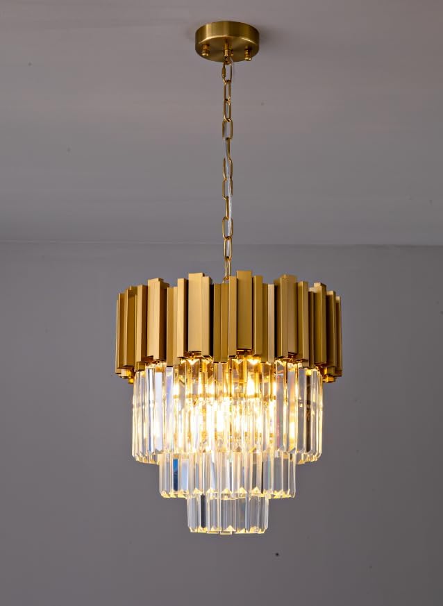 3-Tier 15.8" Modern Gold Crystal Chandelier, 5-Light Round K9 Crystal Pendant Light Fixture for Dinning Room, Kitchen Island, Bedroom, Living Room, Foyer, Entryway