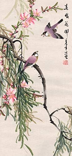 AtfArt Asian Wall Decor Beautiful Silk Scroll Painting Birds - Magpie - Spring Blossoms Oriental Decor Chinese Art Wall Scroll Wall Hanging Painting Scroll (36.2 x 12 in)
