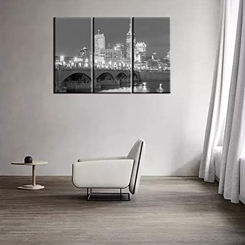 Canvas Print Wall Art Painting for Home Decor Black and White Indianapolis Skyline Night Buildings Cityscape Coastline 3 Pieces Paintings Artwork Picture City Pictures Photo Prints On Canvas 24x36inch