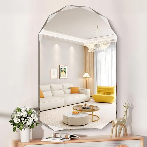 KOCUUY 30"x48" Frameless Mirror, Arched Shape with Diamond-Shaped Beveled Edge,Unframed Decorative with Upgraded Shatterproof Glass,Unique Frameless Mirror for Bathroom,Living Room,Bedroom